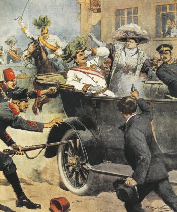 Asasinarea arhiducelui Franz Ferdinand, la Sarajevo, în iunie 1914. Ilustraţie din suplimentul de duminică al ziarului „Il Corriere della Sera”.jpg